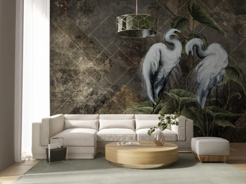 Fototapeta na wymiar Ardea z dwiema białymi czaplami na tle geometrycznej mozaiki w wariantach Bronze Gold, Silver Blue, Teal Stone