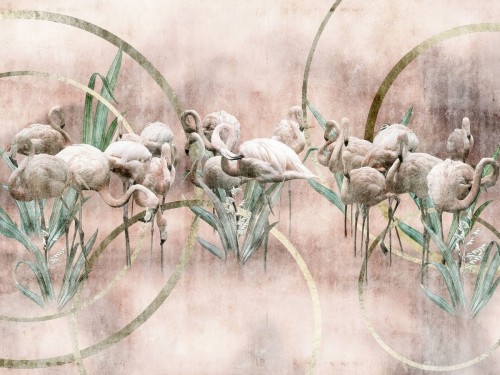 Flamingo 665 32 Tło różowo-pudrowy ciepły ze złotymi kręgami, trawy zielone, bardziej różowy i dziewczęcy