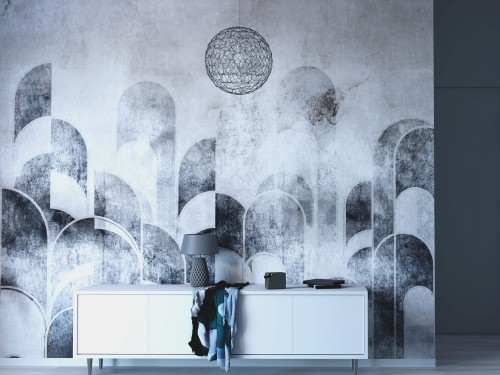 Fototapeta na wymiar Blau z rytmicznymi łukami w wariantach Indigo Blue / Indygo, Olive Stone / Oliwkowy Kamień, Aqua Grey / Szary Akwamaryn, Concrete Taupe / Betonowy Taupe