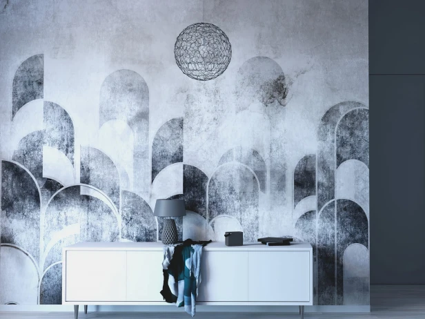 Fototapeta na wymiar Blau z rytmicznymi łukami w wariantach Indigo Blue / Indygo, Olive Stone / Oliwkowy Kamień, Aqua Grey / Szary Akwamaryn, Concrete Taupe / Betonowy Taupe