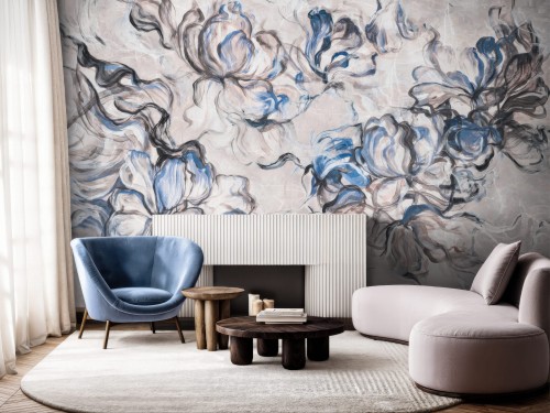 Fototapeta na wymiar Azzura z kwiatami malowanymi akwarelą w wariantach Blue Marble / Błękitny Marmur i Ivory Silk / Kość Słoniowa