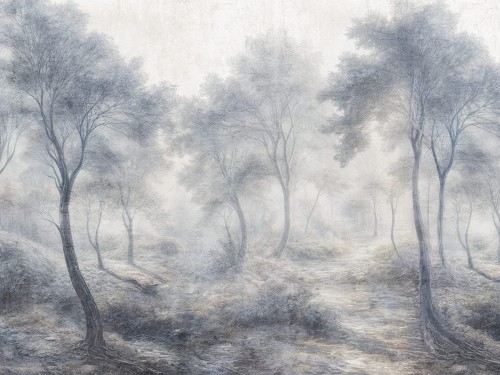 Nebbia 1085 31 Tło w kolorze jasnoszarym z bielą. Mgła w kolorze białym. Pnie drzew w kolorze ciemnoszarym z błękitem. Korony drzew w kolorze jasnoszarym z błękitem. Ziemia i trawa w kolorze beżowym z szarością.