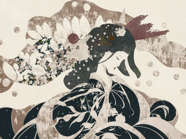 Sayumi 1075 32 Tło kremowe z białym. Fale i kwiaty taupe beż z bielą. Kimono grafitowy granat ze srebrem. Włosy czarne z bordo. Srebrzysty brokat.