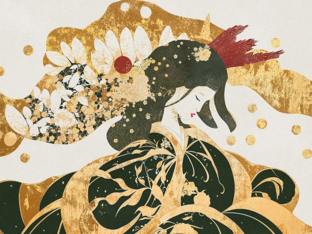 Sayumi 1075 31 Tło kremowe z białym. Fale i kwiaty złota ochra z białym. Kimono butelkowa zieleń ze złotem. Włosy czarne z czerwienią. Złoty brokat.