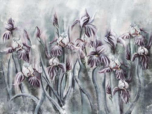 Iris 545 31 Płatki śliwka i biel, liście szaro-mięta, tło mgła - romantyczny dusty