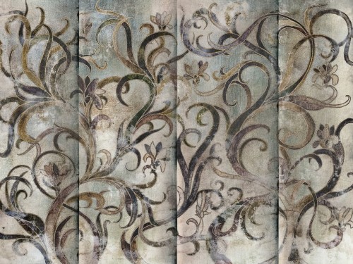 Salva 565 32 Tło błękitno-beżowe fresco z patyną. Pnącza złota ochra, fiolet, granat. Kwiaty fiolet-złoto. Klimat chłodniejszy, elegancki