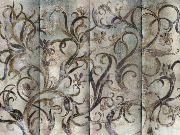 Salva 565 32 Tło błękitno-beżowe fresco z patyną. Pnącza złota ochra, fiolet, granat. Kwiaty fiolet-złoto. Klimat chłodniejszy, elegancki