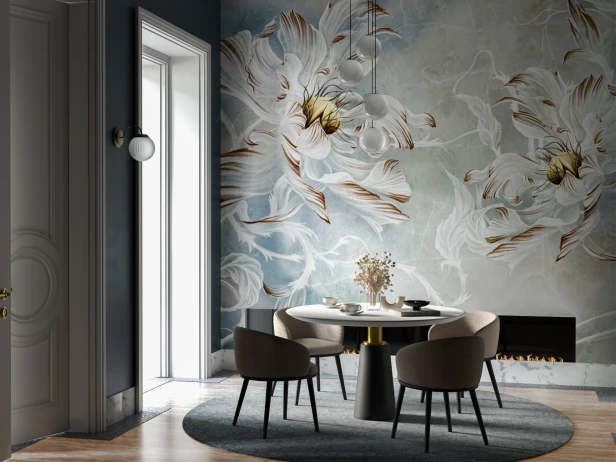 Fototapeta na wymiar Agora z dużymi porcelanowymi kwiatami w odcieniach bieli, błękitu i brązu na marmurowym tle
