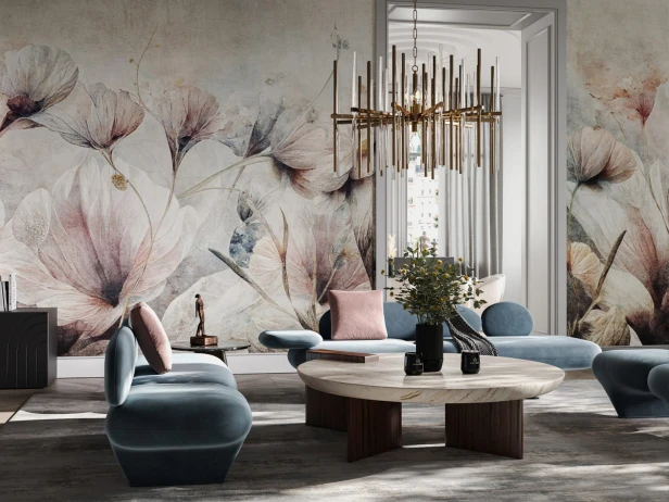 Fototapeta na wymiar Armona z wielkimi, półprzezroczystymi kwiatami w trzech wariantach: Powder Blush, Faded Blue, Antique Gold