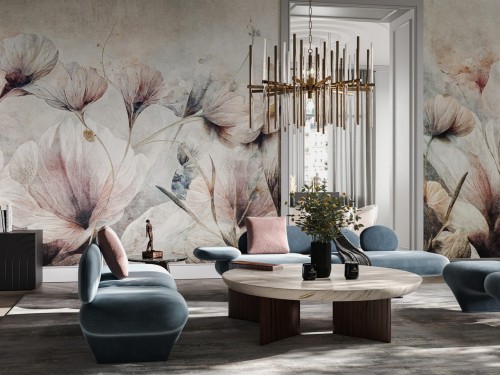 Fototapeta na wymiar Armona z wielkimi, półprzezroczystymi kwiatami w trzech wariantach: Powder Blush, Faded Blue, Antique Gold