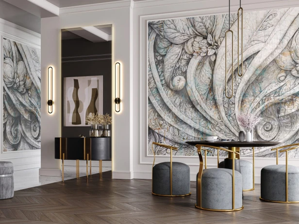 Fototapeta na wymiar Camelot z rzeźbiarskimi liśćmi i spiralami w wariantach Marble Blue / Marmurowy Błękit i Antique Gold / Antyczne Złoto