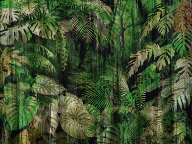 Jungle 805 32 Zielone i beżowe liście na czarnym tle. Spokojniejsze, naturalne