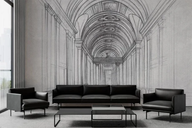 fototapeta Głębia z rysunkiem korytarza z kolumnami i sklepieniem w stylu architektonicznego szkicu na wymiar