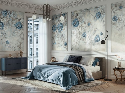 Fototapeta na wymiar Arcadia ze zwisającymi kwiatami dalii i chryzantem w trzech wariantach: Blue Beige, Gold Grey, Dusty Rose