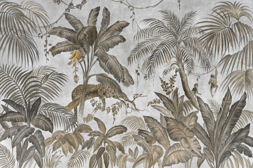 TPA-0224-0067-04 Jasny szaro-beżowy z taupe liśćmi i miodowym lampartem, najbardziej stonowany i naturalny, jak vintage botanica.