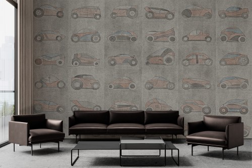 fototapeta Automotive z rysunkowymi sylwetkami aut na tle betonu na wymiar
