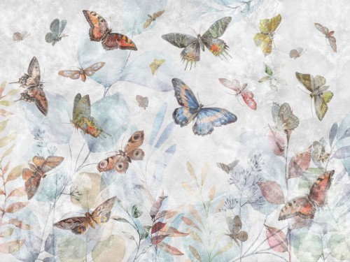 Elibri 700 31 Centralny motyl niebieski, tło chłodne niebiesko-szare, liście błękitne