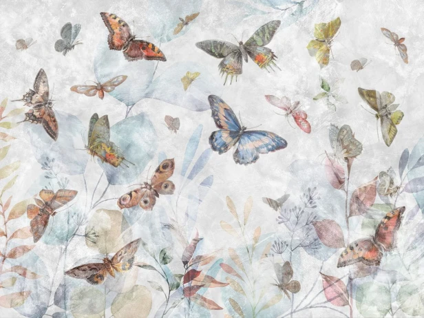 Elibri 700 31 Centralny motyl niebieski, tło chłodne niebiesko-szare, liście błękitne