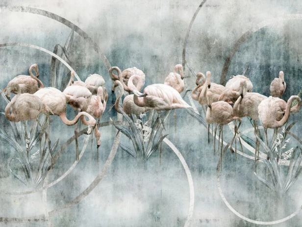 Flamingo 665 31 Tło niebiesko-szary chłodny z białymi kręgami, trawy szare, bardziej elegancki i morski