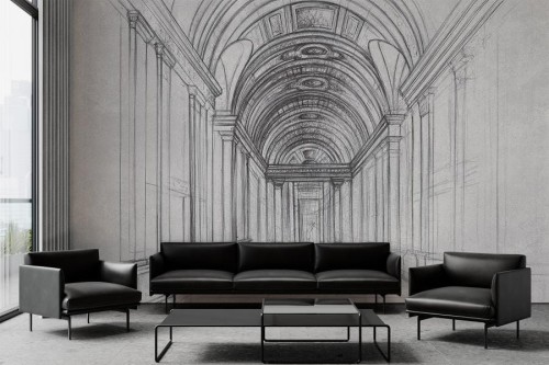 fototapeta Głębia z rysunkiem korytarza z kolumnami i sklepieniem w stylu architektonicznego szkicu na wymiar