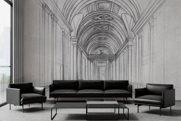 fototapeta Głębia z rysunkiem korytarza z kolumnami i sklepieniem w stylu architektonicznego szkicu na wymiar