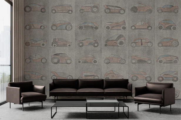 fototapeta Automotive z rysunkowymi sylwetkami aut na tle betonu na wymiar