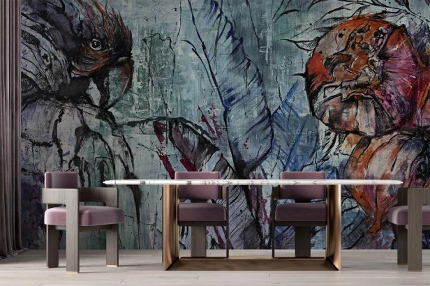 fototapeta Costa z malarskim motywem papugi, muszli i liści w stylu mixed media na wymiar