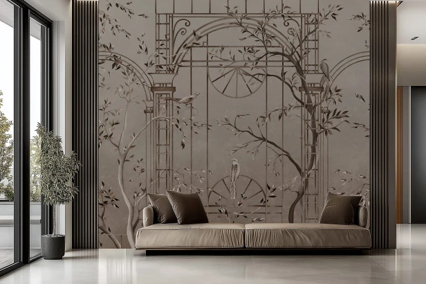 Fototapeta Arcya z pergolą i ptakami w stylu chinoiserie w 5 wersjach kolorystycznych