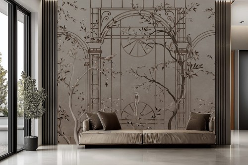 Fototapeta Arcya z pergolą i ptakami w stylu chinoiserie w 5 wersjach kolorystycznych
