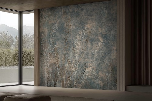 Fototapeta Aster z białymi trawami na postarzanym tynku w 6 wersjach kolorystycznych