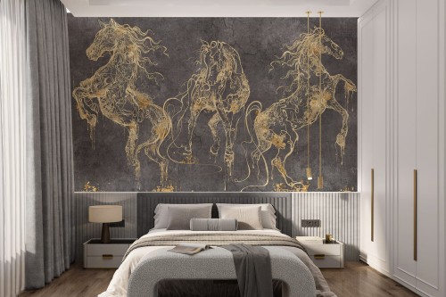 Fototapeta Cavallo trzy złote konie line art w 6 wersjach kolorystycznych