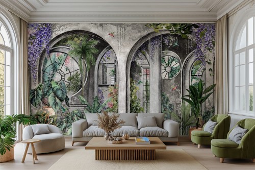 Fototapeta Arches z kamiennymi łukami i tropikalną roślinnością z glicynią w 9 wersjach kolorystycznych