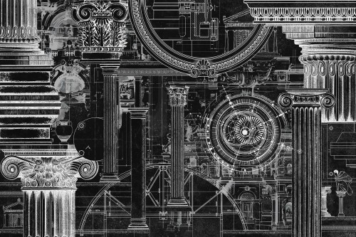 TPA-0824-0103-04 Czarny z białą ryciną jak negatyw blueprint, najbardziej dramatyczny i nowoczesny.
