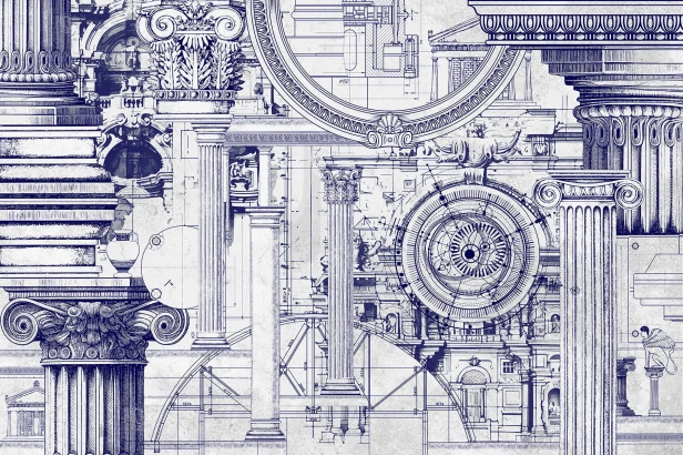 TPA-0824-0103-07 Jasny biało-granatowy blueprint, najbardziej techniczny i rysunkowy.