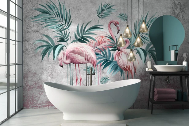 Fototapeta Lofin trzy flamingi z palmami w 4 wersjach kolorystycznych