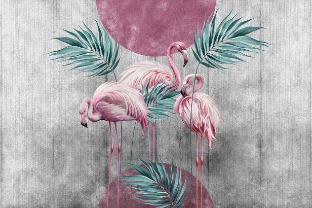 TPA-1124-0113-07 Szary szczotkowany beton z dwoma różowymi kołami, różowe flamingi i morskie palmy, najbardziej graficzny.